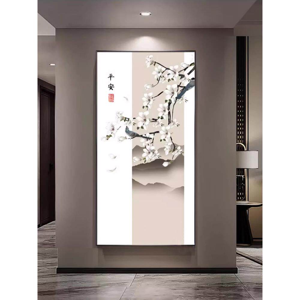 新中式花鸟玄关装饰画中国风水墨山水画走廊过道墙面装饰壁画挂画
