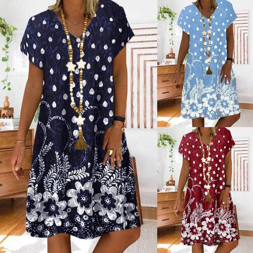 Flower print collar short sleeved dress for women