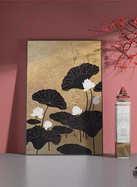 新中式黑色禅意荷花中国风酒店茶室客厅装饰画玄关壁画竖版挂画