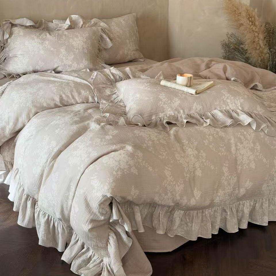 复古a类纯棉双层纱四件套法式全棉被套床单保暖花边1.8m床上用品