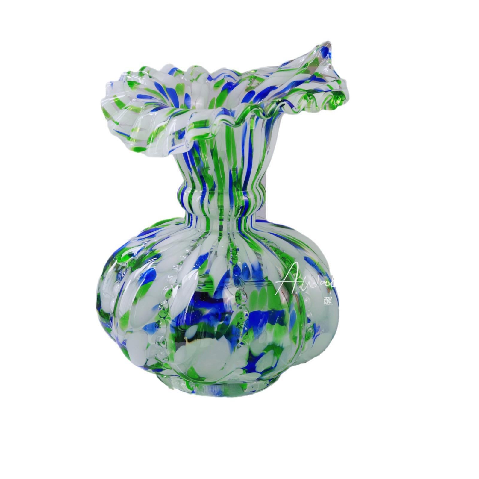 中古法式芬顿风可爱蓝绿点小清新马蹄莲花瓶桌面轻奢软装花器摆件