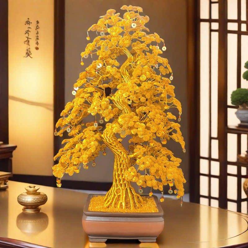 纯手工编织铝丝发财树新中式客厅摆件新居乔迁礼物开 业招财摇钱