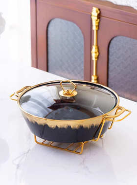 casserole圆形陶瓷锅烤盘蜡烛加热酒店圆形汤锅金色架子蜡烛烤盘