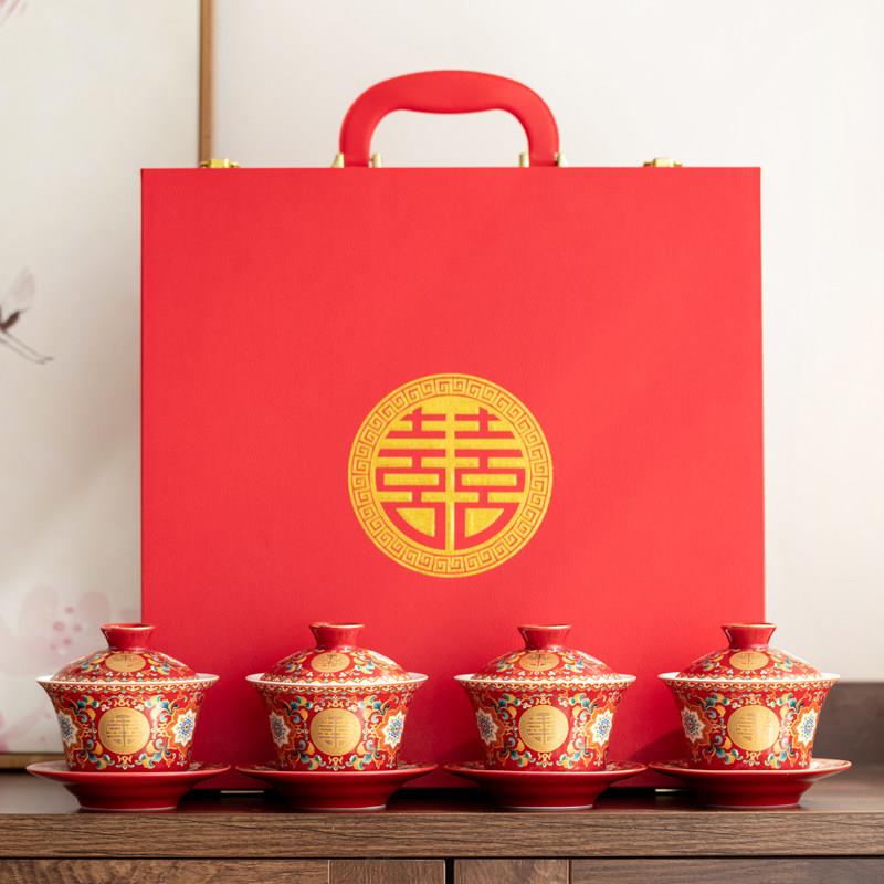 唐呈珐琅彩敬茶杯新婚碗筷套装中式陪嫁茶具红色盖碗结婚改口茶杯