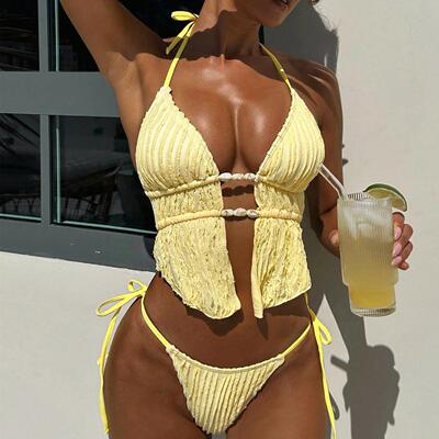 Women'S Bikini Set, Strapless Triangle And Lace-Up Bottoms,