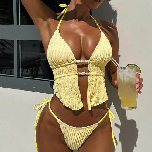Women'S Bikini Set, Strapless Triangle And Lace-Up Bottoms,
