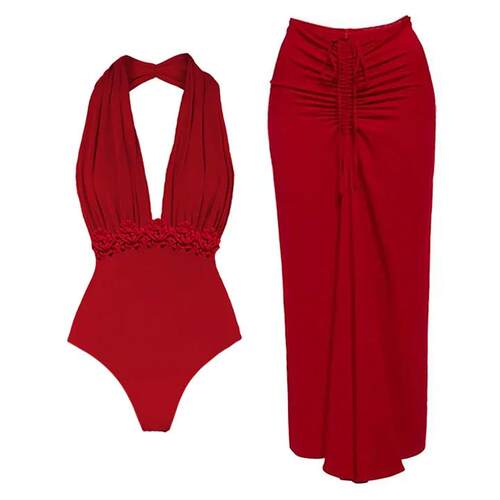 Deep V-neck one-piece swimsuit set for women