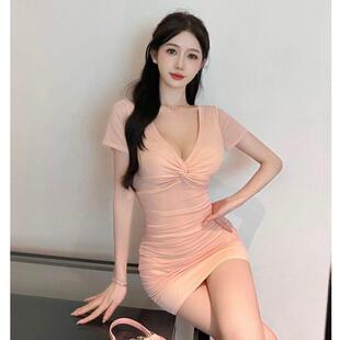 性感连衣裙夏天透纱心机小黑裙紧身褶皱修身显瘦包臀裙夜总店女装