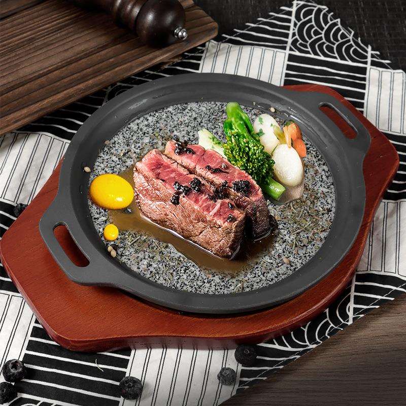 加厚商用圆形石板韩式烤肉麦饭石板烧烤盘牛排盘烤肉盘烤海鲜石盘