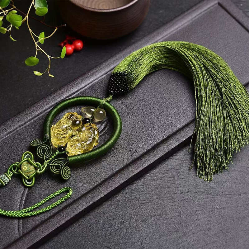 精美时尚柠檬黄水晶双貔貅车挂饰品 白水晶貔貅手工流苏车内挂件