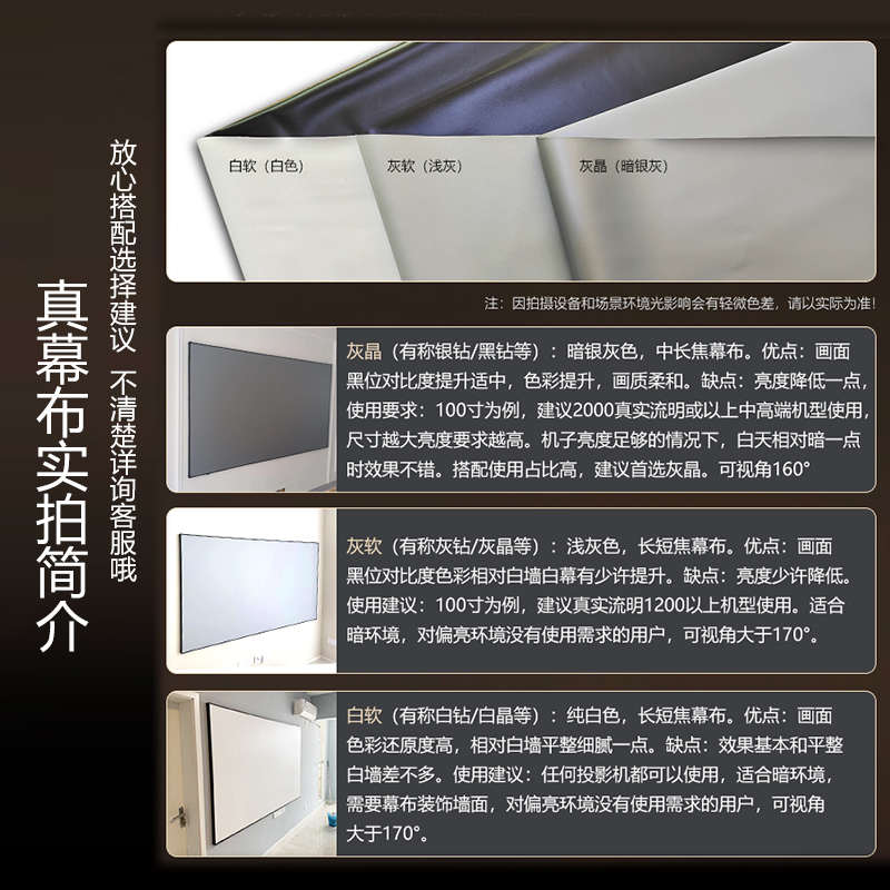 4k黑晶抗光幕布投影仪幕布家用灰晶壁挂画框幕3d金属幕菲涅尔100/120寸/150寸窄边客厅适用当贝爱普生高清屏