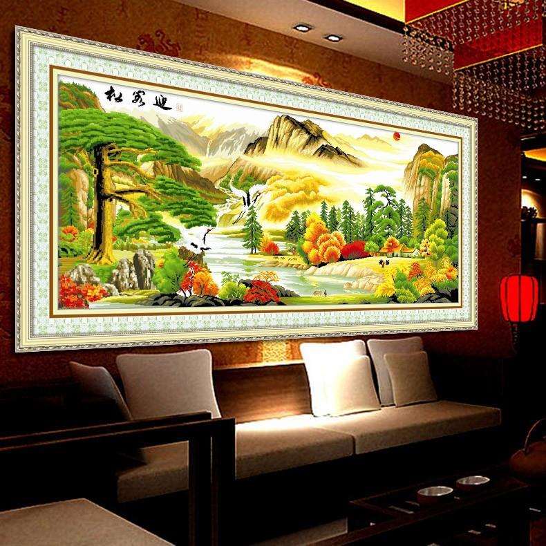 青飞十字绣山水画 迎客松十字绣春秋版锦绣山河 客厅大幅现代简约