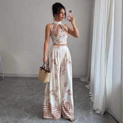 Women's neck hanging vest, wide leg pants, printed suit