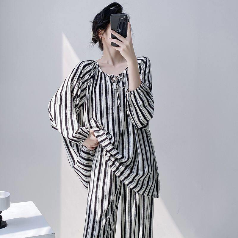 棉绸睡衣女春秋夏薄款长袖绵绸家居服人造棉绸套装大尺码宽松慵懒