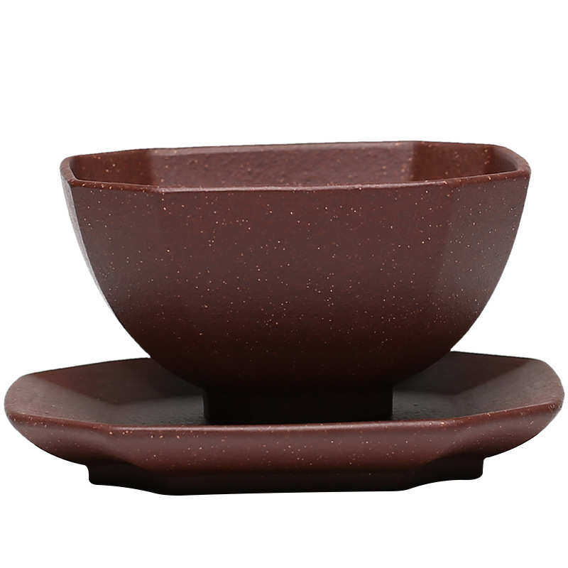 紫砂杯品茶杯原矿紫泥抽角四方茶杯垫套装含杯碟茶具批发