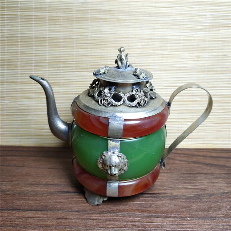 古玩杂项仿古做旧工艺品白铜镶嵌外蒙料酒壶水壶摆件