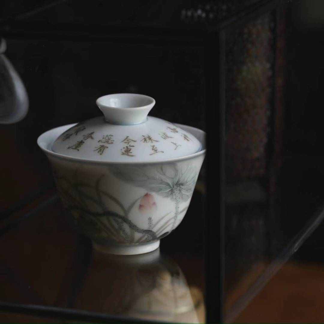 映日没骨荷塘盖碗景德镇纯手工手绘瓷器中式复古工夫茶具弥云斋