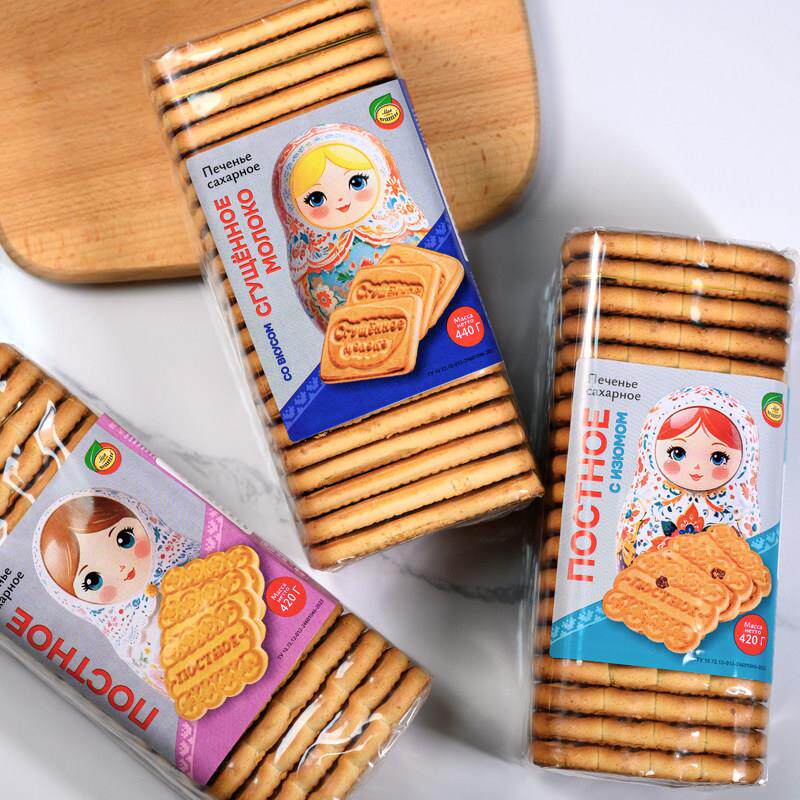 俄罗斯原装进口粗粮饼干我的套娃炼乳可可味葡萄干夹心饼干零食品