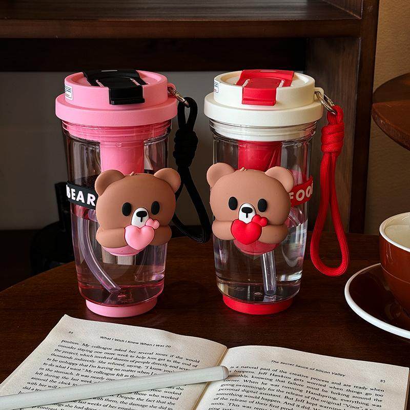 夏天可爱卡通小熊水杯女生高颜值便携吸管杯学生茶水分离咖啡杯子,餐饮具,吸管杯,淘宝优惠券,粉丝福利购,淘宝优惠卷