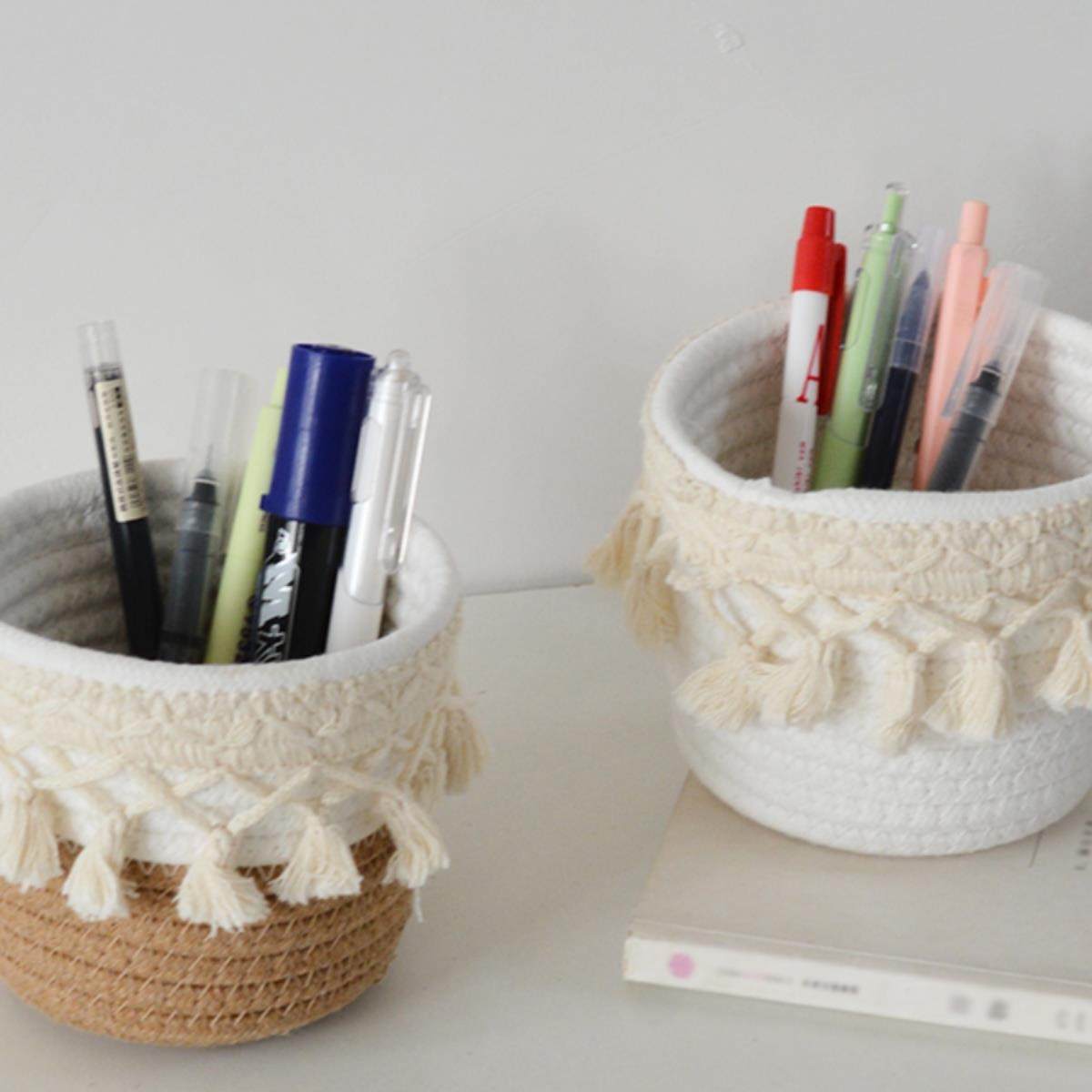 桌面创意笔筒置物篮茶几杂物收纳篮编织收纳筐北欧流苏棉线收纳盒,收纳整理,收纳筐,淘宝优惠券,粉丝福利购,淘宝优惠卷