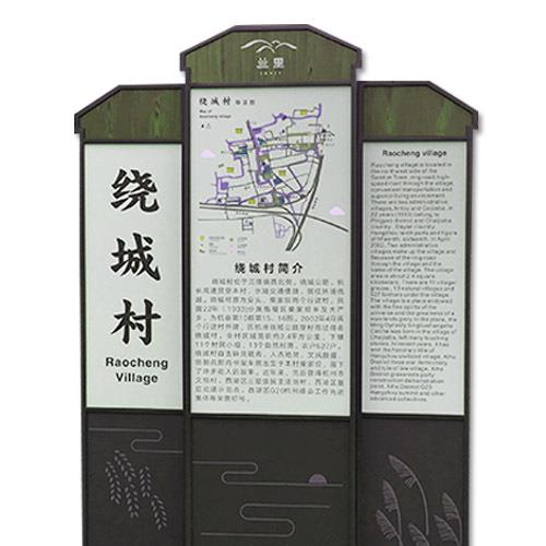 特色乡村总平面图介绍说明标牌景区导视标识系统不锈钢板烤木纹漆