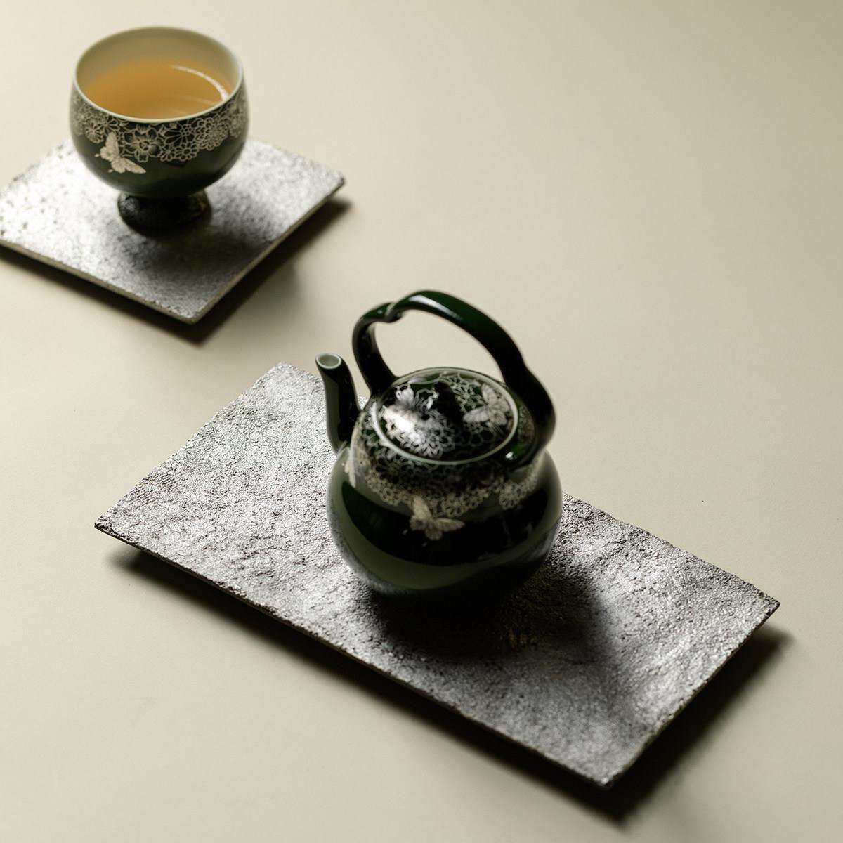 作日式粗陶鎏银干里泡盘茶日式粗陶盘高档夫茶功具壶承台茶托盘茶
