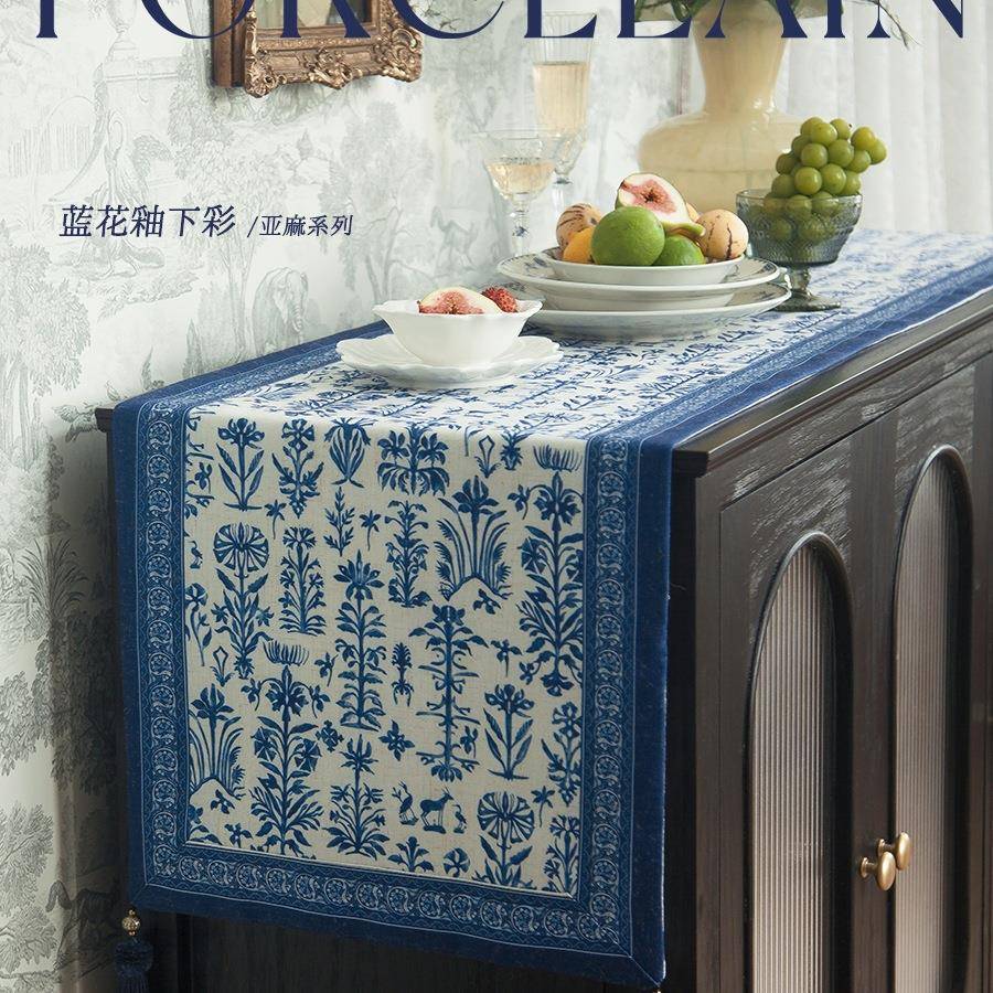 亚麻桌旗新中式防水茶旗法式中古斗柜边柜台布长条盖布床旗