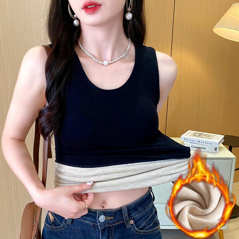 秋冬加绒保暖背心女打底衫加厚圆领带胸垫内搭修身上衣打底1203z