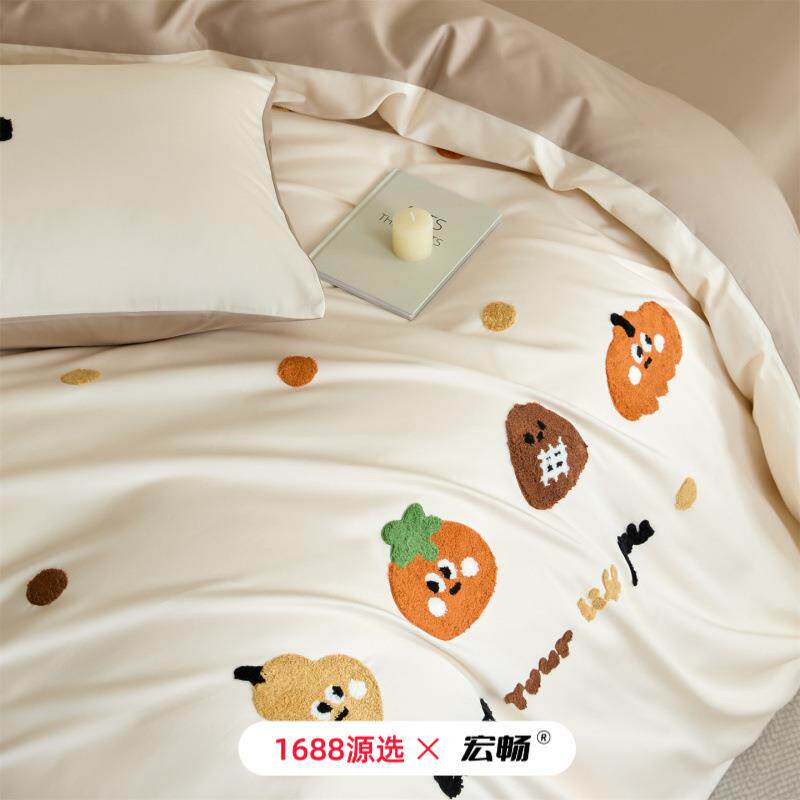 100S贡缎长绒棉毛巾绣床上四件套纯棉全棉磨毛床笠款床品被套床单