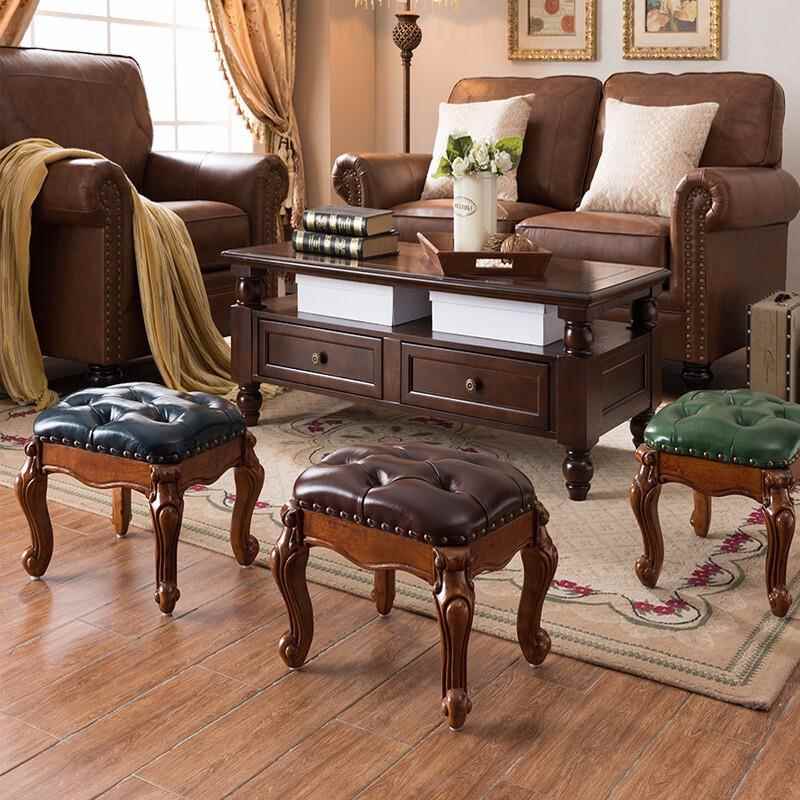 美式全实木茶几矮凳皮客厅沙发凳搁脚踏欧式墩家OSB坐用小板凳方