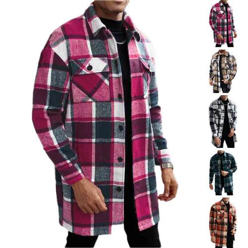 Men's plaid check long coat with a buttoned lapel loose fit
