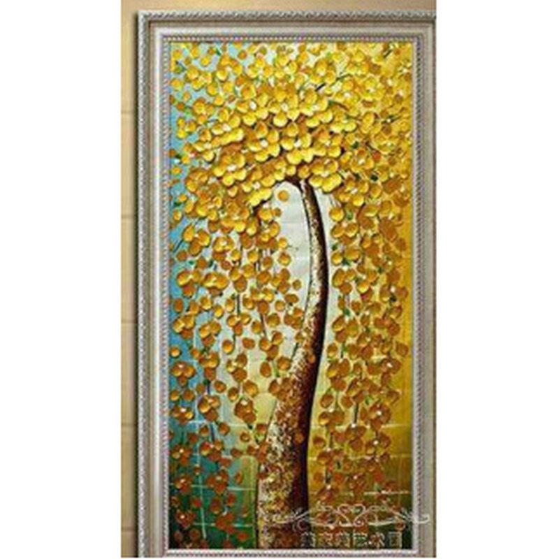 纯手绘油画欧式玄关竖版发财树现代简约走廊装饰纯玄关油画