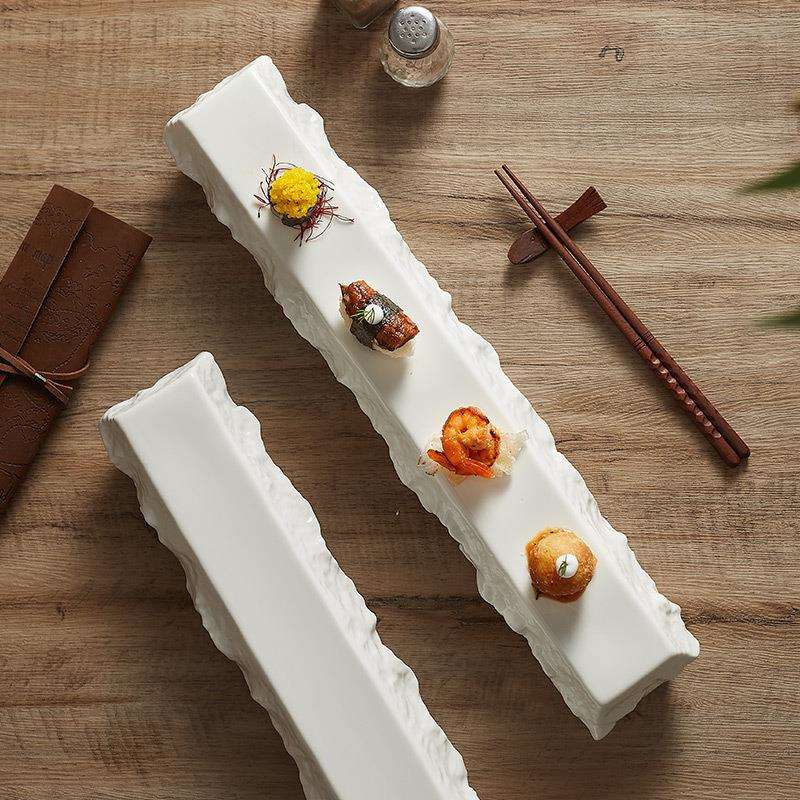 厂家创意石头纹理长条盘寿司凉菜摆盘白瓷陶瓷意境菜高档酒店餐具