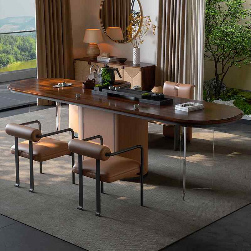 轻奢亚克力茶桌别墅大平层北美胡桃木茶台现代简约阳台茶桌椅组合