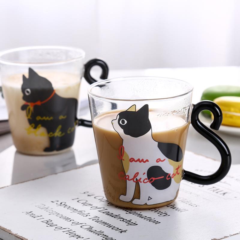 日式ins可爱小黑猫咪耐热玻璃杯家用牛奶马克杯女高颜值喝水杯子