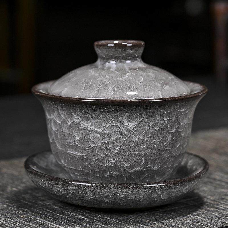 黑冰三才盖碗遇水化冰冰裂纹功夫茶具套装陶瓷泡茶器家用办公送礼