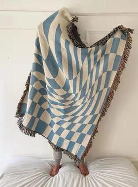 棋盘格线美式线毯沙沙发盖毯飘窗垫毯窗床尾毯毯发巾毛AAP露营