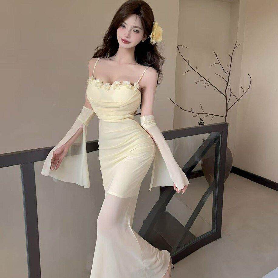 气质网纱花边抹胸鱼尾吊带裙夏季纯欲气质褶皱修身显瘦长款连衣裙
