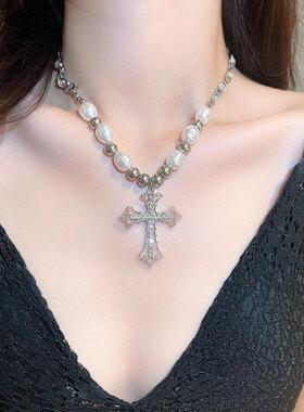 Fashion ins wind hip hop retro pearl necklace Christian cros