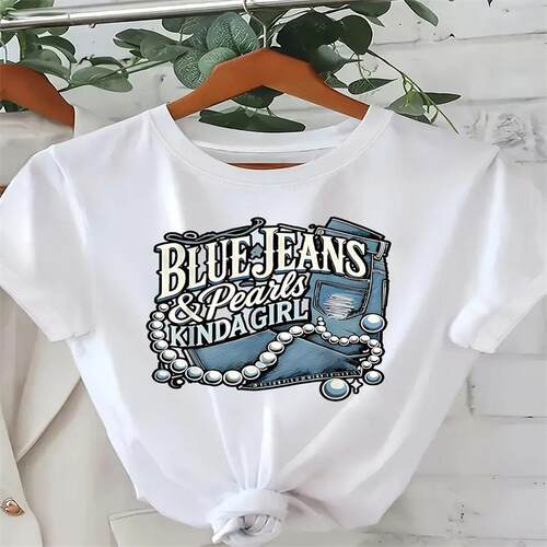 Women's Blue Jeans & Pearls Graphic T-Shirt - Cotton Casual