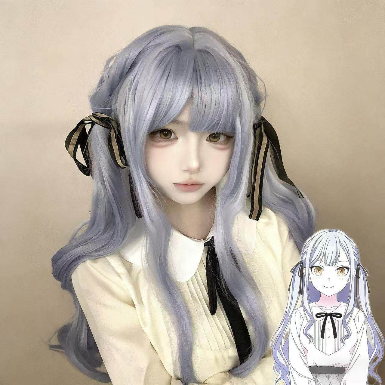 雾蓝色大波浪双马尾假发女自然齐刘海甜妹Lolita长卷发全头套式