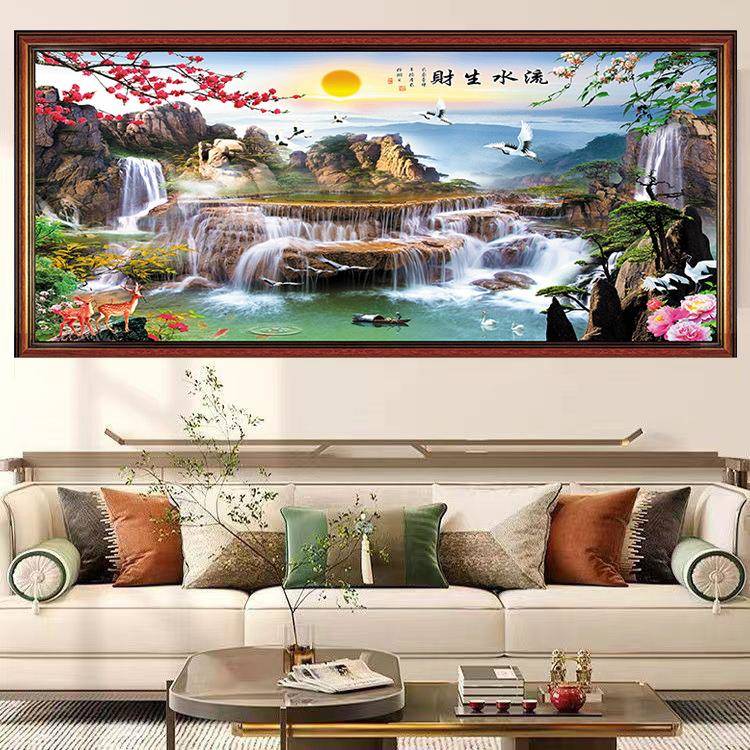 流水生财十字绣2024新款线绣手工自己绣客厅大幅山水风景满绣挂画