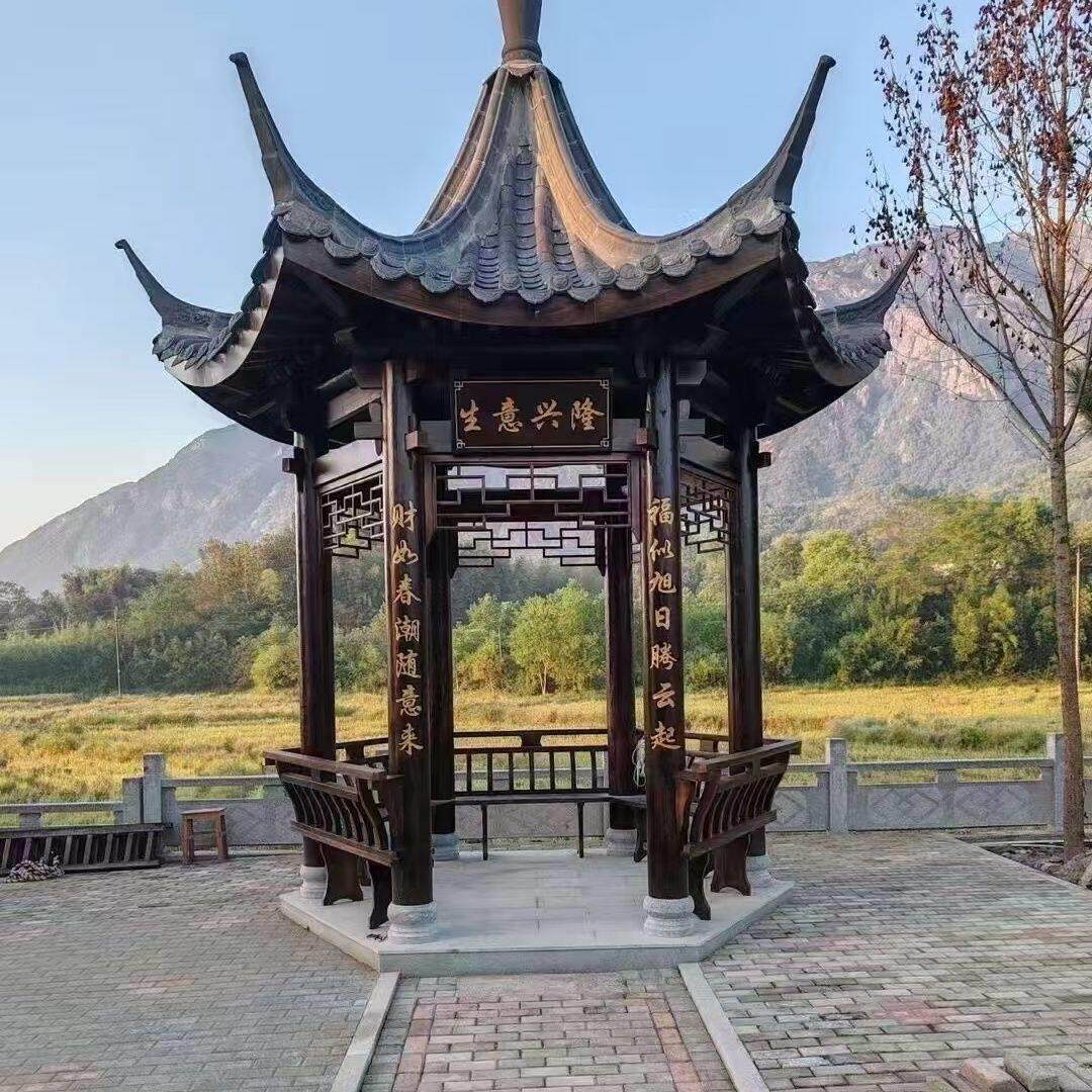 菠萝格户外防腐木古建六角凉亭四角长廊水榭别墅庭院家用实木亭