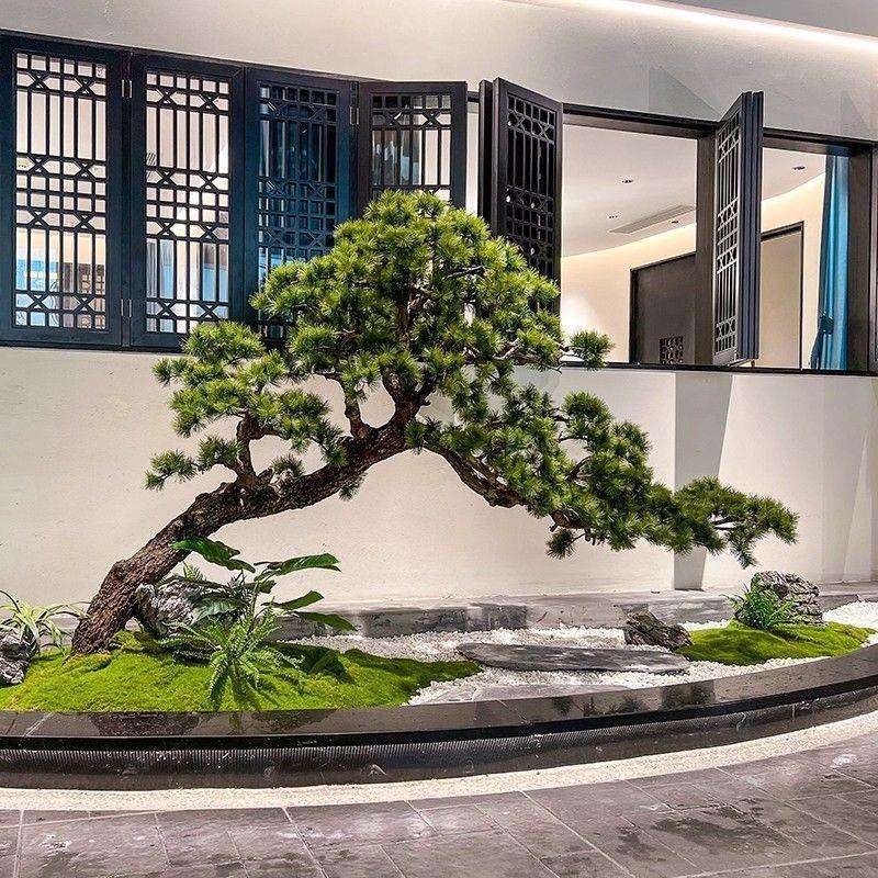 迎客松大型假树罗汉松新中式室内造景绿植景观橱窗楼梯下