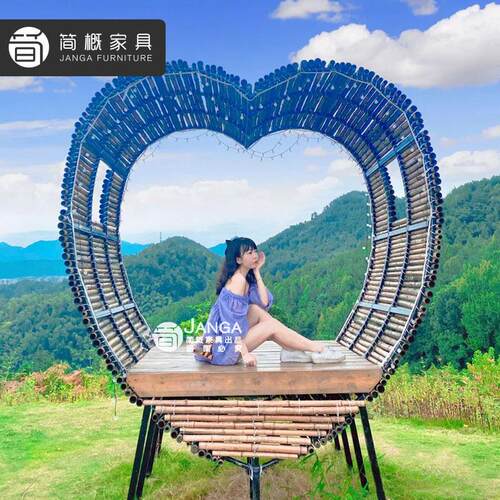 户外心形网红鸟巢秋千景区婚纱拍摄道具创意悬挂圆床户外民宿鸟巢