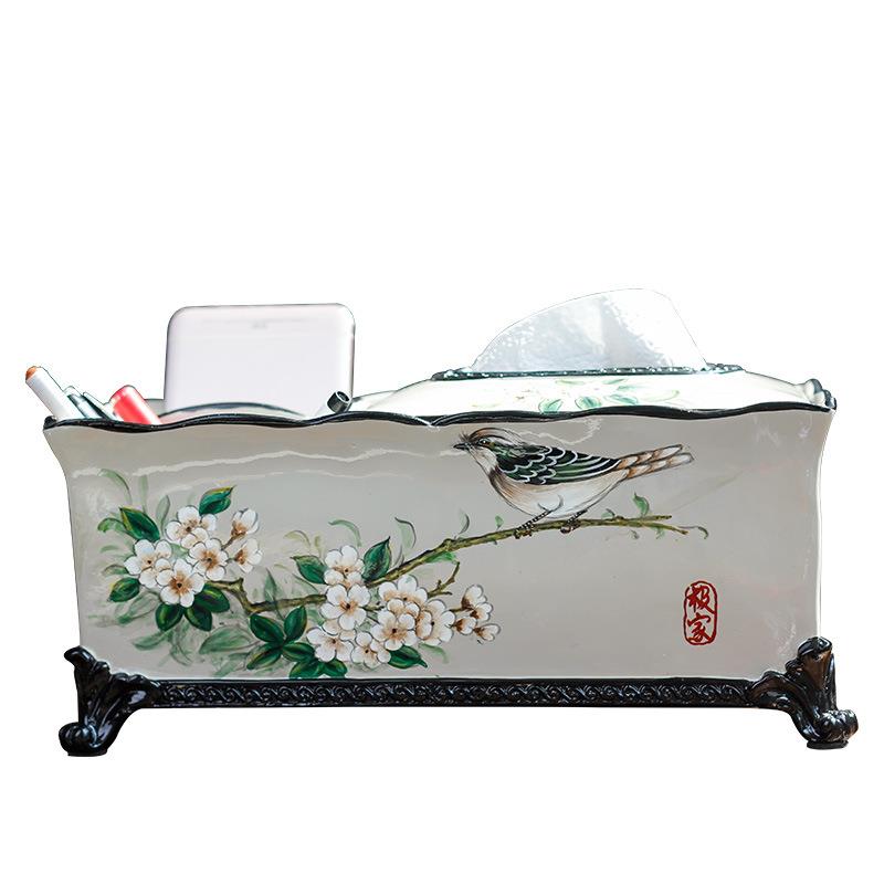新中式多功能陶瓷纸巾盒花鸟创意家用遥控器收纳盒客厅抽纸盒摆件