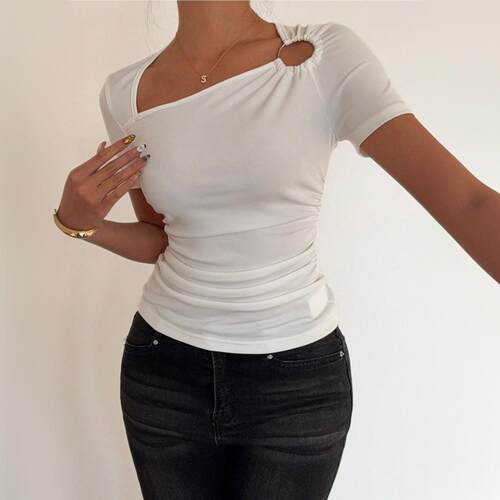 High cold T-shirt T women's waist cinched short sleeved top