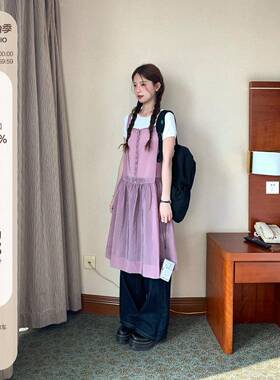 WHYSTUDIO 韩系叠穿薄纱方领排扣吊带洋装女春夏新款抱婴袋长裙子