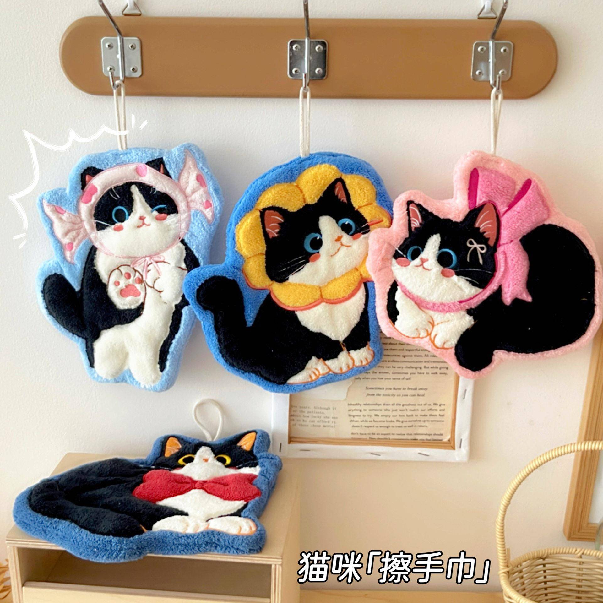 可爱猫咪擦手巾挂式超强吸水加厚毛巾手帕珊瑚绒厨房卫生间
