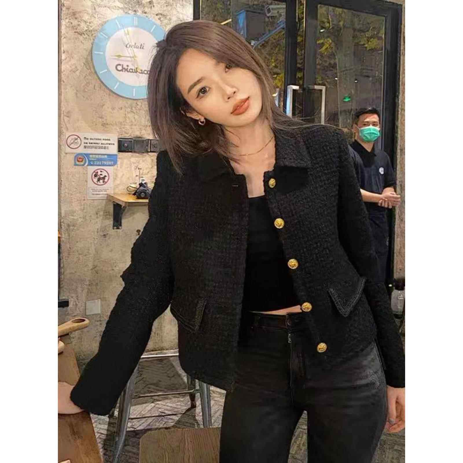 韩国2025秋黑色覆古小香风短外套女法式粗花呢小个子夹克翻领上衣